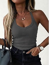economico Serbatoio Semplice-Per donna Canotta A coste Senza schiena Tinta unica Elegante Caldo Spiaggia Senza Maniche All'americana Top corti Uscire Estate Blu Nero Bianco Grigio Estate
