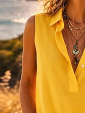 Mujer Camisa Camisas de algodón y lino Camisa de manga corta Blusa Botones Plano Elegante Clásico Moderno Sin Mangas Cuello Camisero Tops regulares Casual Diario Festivos Azul Piscina Blanco Amarillo