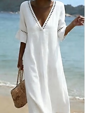 baratos Vestido Simples-Mulheres Vestido midi Vestidos Para o Verão Elegante Férias Manga Princesa Praia Ajuste Largo Côr Sólida Meia Manga Decote mergulhador Azul Claro Branco Champanhe Verde Claro Verão Primavera