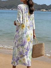 cheap Floral Dress-Women's Midi Dress Sundress Summer Dress Vacation Casual Boho Beach Holiday Regular Fit Floral Graphic 3/4 Length Sleeve Crew Neck Blue Pink Purple Summer Spring