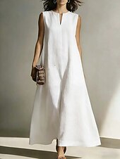 cheap Plain Dress-Women's  Vintage Boho Faux Cotton LinenBeach Loose Fit Plain Sleeveless Split Neck Maxi Dress Summer Spring