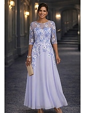 preiswerte Bodenlänge-A-Linie Bodenlang Spitzenkleid Brautmutterkleid Langarm Dreiviertelarm Rundhalsausschnitt Elegant Vintage Formell Hochzeitsgast Hochzeitsfeier Chiffon Spitze mit Stickerei Applikationen Blume