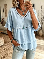 ieftine Bluze simple-Pentru femei Bluză Dantelă Culoare solidă Epocă Stilat Casual Manșon scurt În V Topuri obișnuite Casual Zilnic Albastru piscină Kaki Roz Îmbujorat Mov Bej Vară Primăvară