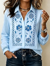 cheap Floral Blouses-Women's Shirt Blouse Ruched Patchwork Embroidered Floral Graphic Vintage Casual Long Sleeve Shirt Collar Regular Tops Casual Daily Blue White Pink Gray Summer Spring Fall Winter