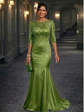 preiswerte Meerjungfrau Abendkleider-Meerjungfrauenschnitt Bodenlang Abendkleid Festliche Kleidung Elegant Glitzern Blumen Halbarm Rundhalsausschnitt Hochzeit Formell Tüll Stretch Satin mit Paillette Perlenbestickt