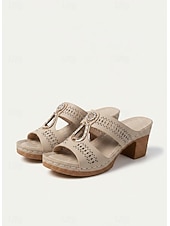 baratos Chinelos de slide-sandálias mule femininas de salto grosso – design com strass vazado, decoração com fivela retrô, sola confortável, para caminhadas ao ar livre, jardim e roupas casuais de verão