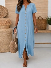  Per donna Abito maxi Abiti di lino Vintage Quotidiano Vestibilità regolare Semplice Manica Corta Scollo a V Rosso Azzurro Estate