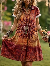 economico Abiti Boho-Per donna Abito al ginocchio Abito a trapezio Vacanza Casual Boho Spiaggia Vestibilità regolare Grafico Geometrico Manica Corta Bavero Viola Marrone Estate Primavera