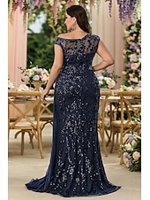 preiswerte Bodenlänge-Schlauchkleid Bodenlang Abschlussballkleid Perlenbestickt Partykleid Brautmutterkleid Kurzarm Rundhalsausschnitt Elegant Vintage luxuriös Formeller Abend Hochzeitsfeier mit Perlenstickerei