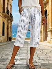 Women's Cotton Linen Shorts Capri Pants Leggings Cropped Pants Vacation Vintage coastal grandma style Calf-Length Mid Waist Floral Graphic Abstract Print Comfort Inelastic Daily Outdoor Vacation Blue