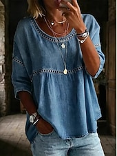 billige Enkle bluser-Dame Bluse Bomull T-skjorte Uthult عادي Årgang Stilfull Moderne Halvlange ermer Crew-hals Vanlige topper Avslappet Daglig Høst Blå Himmelblå Sommer Vår