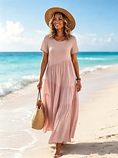 cheap Plain Dress-Women's Vintage Crew Neck Ruffle Pleated Asymmetric Maxi Dress Khaki Black White Pink Summer