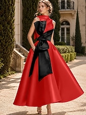 baratos Vestidos de Cocktail-Linha A Longuette Vestidos de cocktail Vestidos de festa Elegante Sedoso Sem Manga Gola Redonda Casamento Formal Bolsos Cetim com Laço(s) Miçangas