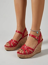 cheap Wedge Sandals-Women's Vibrant Red Wedge Sandals - Retro Cross-Strap Platform Shoes with Cork Texture Sole &amp; Adjustable Buckle for Outdoor Vacations, Tropical Cruises &amp; Summer Parties