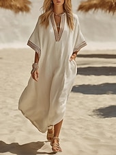 abordables Robe Simple-Femmes Robe maxi Robe Décontractée Robe d'été Basique Classique Quotidien Vacances Coupe Ample Uni Demi Manches Col en V Kaki Jaune Rose Claire Châtaigne Foncé Été Printemps