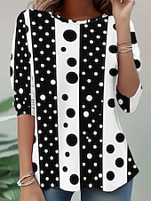 cheap Stripe&amp;Geometric tee-Women's T Shirt Print Graphic Geometric Polka Dot Fashion Stylish Classic Long Sleeve Crew Neck Round Neck Regular Tops Casual Daily Weekend Black Red Purple Summer Spring Fall
