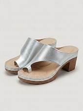 abordables Sandalias de tacón-Sandalias planas plateadas metalizadas con tacón de bloque para mujer - sandalias con puntera de aro lateral, calzado casual de verano para fiestas en el jardín y viajes. &amp;uso diario