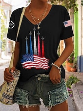 billiga Självständighetsdagen Topp-Amerikanska självständighetsdagen Dam T-shirt Mönster Grafisk Bokstav Amerikanska flaggan Vintage Stylish Klassisk Kortärmad V-hals Vanliga toppar Ledigt Dagligen Svart Vit Rubinrött Sommar Vår