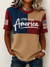  アメリカ独立記念日 女性用 Tシャツ プリント グラフィック レタード アメリカの国旗 ヴィンテージ ファッション カジュアル 半袖 クルーネック レギュラートップス カジュアル 日常 週末 ブルー カーキ色 インクブルー 夏 春