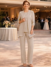abordables Costumes-pantalons pour maman-Ensemble pantalon robe mère de la mariée longueur de cheville manches ¾ col ras du cou élégante vintage formelle invité au mariage avec couleur unie
