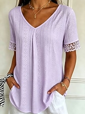 billiga Enkel t-shirt-Women's T Shirt Lace Solid Color Vintage Stylish Casual Short Sleeve V Neck Regular Tops Casual Daily Blue White Pink Purple Summer Spring