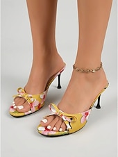 baratos Sandálias de salto-Women's Vibrant Yellow Floral Heeled Mules - Elegant High Stiletto Sandals with Bow Detail for Summer Vacations, Tropical Evening Parties &amp; Tropical Getaway Dinners