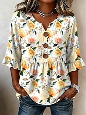  Mujer Blusa Botones Estampado Floral Graphic Vintage Elegante Moderno Media Manga Escote en Pico Tops regulares Casual Diario Azul Piscina Amarillo Morado Verano Primavera