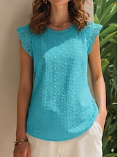 cheap Plain tee-Women's Eyelet Embroidery T Shirts Tee Top Lace Trims Elegant Stylish Short Sleeve Cap Sleeve Crew Neck Long Tops Casual Going out Vacation Wear Teal Black White Pink Sky Blue Summer Spring