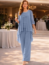 abordables Trajes de pantalón de mamá-Traje de pantalón Traje de 3 piezas Hasta el Suelo Hasta el Tobillo Vestido de Madrina Media Manga Cuello Barco Elegante Sencillo Minimalista Invitado a la boda Gasa con Detalles de Cristal Volantes
