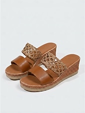 preiswerte Keilsandalen-Braune Keilsandalen für Damen – bequeme Espadrilles im Boho-Stil mit gewebtem Mesh-Riemen &amp;Details aus Kunstleder für Outdoor-Urlaube und Reisen auf tropische Inseln &amp;Sommergartenpartys