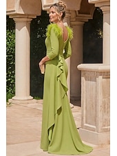 economico Abiti da Sera Sirena-Sirena Tromba Lunghezza al pavimento Abiti da Ballo Abito da Sera Da principessa Abito formale Elegante Manica 3/4 Scollo a V Formale Autunno Raso con Piuma Arricciato Volant