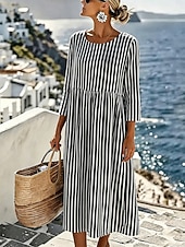 economico Abiti da vacanza-Per donna Abito Midi Abito a Tubino Vestito Estivo Vacanza Casual Spiaggia Uscire Vestibilità regolare Grafico Geometrico A righe Manica 3/4 Girocollo Blu Rosso Verde Grigio Estate Primavera