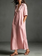 cheap Dresses-Women's Maxi long Dress Linen Dresses Elegant Vacation Loose Fit Plain Short Sleeve Shirt Collar Summer