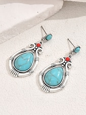 preiswerte Damen Ohrringe-Türkisfarbene Boho-Ohrringe für Damen – Vintage-Ohrhänger aus einer Legierung in Tropfenform mit ethnischen Gravuren, perfekt für den Sommerurlaub am Strand und den Alltag. &amp;Schmuckgeschenk im