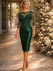 ieftine Lungimea ceaiului-Coloană Teacă Lungime Genunchi Rochie de petrecere Rochie de Cocktail Rochie pentru invitata de nunta Rochie Mama Miresei Lungime Manșon 3/4 Bijuterie Elegant Invitat la nunta Charmeuse cu Aplică