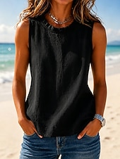  Mujer Camisa Textura Volante Color sólido Plano Vintage Sin Mangas Cuello Barco Tops regulares Casual Café marrón Negro Amarillo Verde Trébol Gris Oscuro Verano Primavera