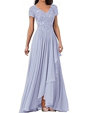preiswerte Bodenlänge-A-Linie Bodenlang Kleid für Hochzeitsgäste Abendkleid Brautmutterkleid Kurzarm V Ausschnitt Elegant Einfach Hochzeitsgast Formeller Abend Hochzeitsfeier Chiffon mit Einfarbig