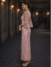 baratos Comprimento do tornozelo-Linha A Vestidos Longo Até o Tornozelo Vestido Coquetel Vestido Para Mãe dos Noivos Manga Longa Decote V Elegante Luxuoso Brilho &amp; Glitter Formal Convidado do casamento Semi formal Renda com Miçangas