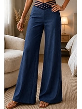 preiswerte Anzughosen für Damen-Damen Hose Anzughose Mode Streetwear Arbeit Volle Länge Hohe Taille Einfach Weites Bein Elastischer Bund Komfort Weich Atmungsaktiv Mikroelastisch Outdoor Büro Straße Blau Navy-Blau Schwarz Weiß