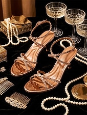 cheap 1920s &amp; Gatsby Era-Women's 1920s Great Gatsby Shoes - Champagne Strappy Heels with Metallic Geometric Cutout for Flapper Party, Cocktail Evening &amp; Prom