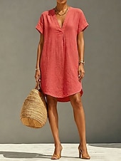 economico Vestiti-Per donna Abito al ginocchio Abiti di lino Vintage Quotidiano Taglia piccola Semplice Manica Corta Scollo a V Cachi Rosso Arancione Estate