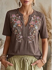 abordables Hauts en dentelle-Femmes Chemisier Hauts en dentelle Chemises brodées Dentelle Broderie Fleuri ancien Boho Manche Courte Col en V Hauts Réguliers Occasionnel Fête Été Noir Vert Véronèse bleu marine Violet Marron Ét