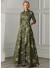 billige Gulvlengde-A-linje Gulvlengde Skjortekjole Formell kjole Aftenkjole Kjole til brudens mor 3/4 ermer Skjortekrage Elegant Minimalistisk Formell Bryllupsgjest Semi-formelt Jacquard med Belte / bånd