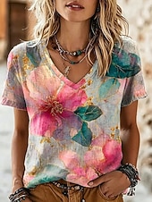 cheap Floral tee-Women's T Shirt Print Floral Graphic Stylish Classic Casual Short Sleeve V Neck Regular Tops Casual Daily Blue Pink Orange Summer Spring
