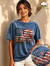 Dia da Independência Americana Mulheres 100% Algodão Camiseta Blusas lavadas estilo vintage Imprimir Gráfico Bandeira americana Vintage Moda à moda Manga Curta Gola Redonda Tops regulares Casual