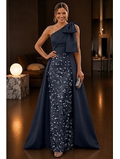 economico Abiti da Sera a Linea A-Linea ad A Lunghezza al pavimento Abito da Sera Abito formale Elegante Brillanti Floreale Senza Maniche Monospalla Festa in giardino Matrimonio Raso Tulle con Fiocco/Fiocchi Perline ricamate
