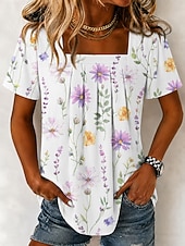 economico T-shirt floreale-Per donna Maglietta Stampato Floreale Grafico Vintage Elegante Classico Manica Corta Collo quadrato Top Regolari Quotidiano Weekend Blu Giallo Viola Estate Primavera