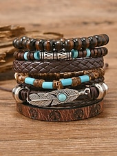 preiswerte Herrenschmuck-6-teiliges Boho-Armbandset für Herren aus Leder – Vintage-Holzperlen &amp;Armbänder mit Federanhänger aus Silberlegierung, stapelbar, für sommerlichen Strandurlaub und lässige Alltagskleidung