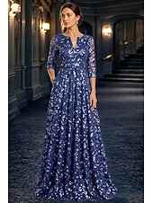 preiswerte Bodenlänge-A-Linie Kleid Bodenlang Partykleid Cocktailkleid Brautmutterkleid Langarm V Ausschnitt Elegant Vintage luxuriös Formell Hochzeitsgast Kentucky Derby Chiffon Tüll mit Paillette Stickerei Blume