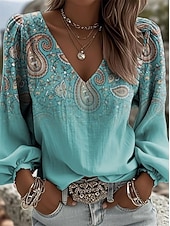 abordables Art &amp; Design Blouses-Femmes Chemise Graphique Géométrique Paisley Bohème Vacances ancien manche longue Col en V Col plongeant Hauts Longs Occasionnel Quotidien Fête Bleu Kaki Marron Vert Été Printemps Automne Hiver